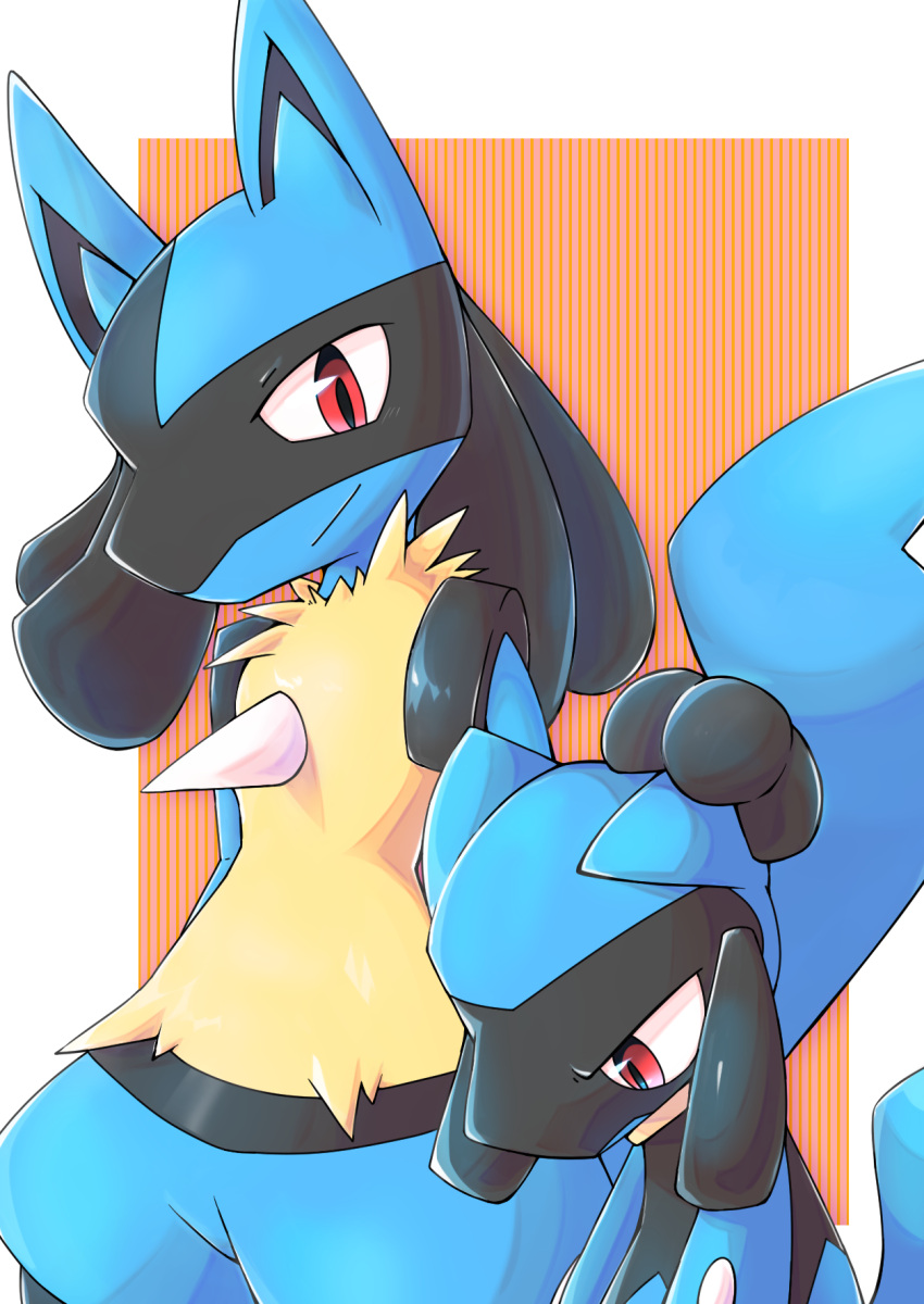 3_fingers ambiguous_gender black_body blue_body chaba duo feral fingers fur hand_behind_head hi_res looking_at_viewer looking_down lucario multicolored_body nintendo orange_background pok&eacute;mon pok&eacute;mon_(species) red_eyes riolu simple_background smile smirk two_tone_body upset video_games white_background yellow_body yellow_fur