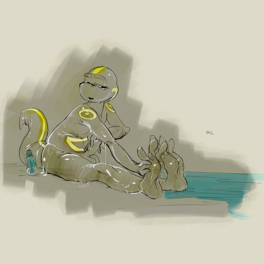 1:1 absurd_res anthro arm_markings balls biped colored_sketch erection eyebrows genitals glans hi_res humanoid_genitalia humanoid_penis leaning leaning_forward lizzard male markings narrowed_eyes penis restricted_palette shoulder_markings side_view sitting sketch solo water yellow_body