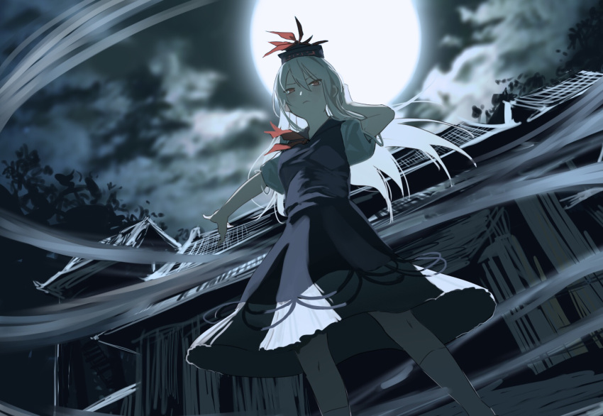 1girl architecture blue_dress blue_headwear blush building closed_mouth cloud cloudy_sky commentary dress east_asian_architecture feet_out_of_frame floating_hair from_below frown full_moon hair_between_eyes hat kamishirasawa_keine long_hair looking_at_viewer moon neckerchief night night_sky outdoors outstretched_arm puffy_short_sleeves puffy_sleeves red_eyes red_neckerchief short_sleeves sky socks solo tokin_hat touhou tuck v-shaped_eyebrows white_hair white_legwear