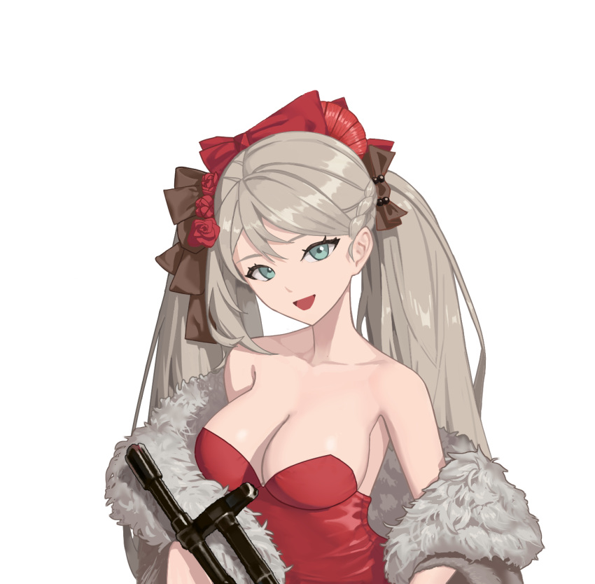 1girl a-545_(girls'_frontline) assault_rifle bangs breasts dress fur-trimmed_jacket fur_trim girls'_frontline green_eyes gun highres holding jacket long_hair looking_at_viewer lyuan545531 medium_breasts open_mouth red_dress revision rifle simple_background smile solo twintails upper_body weapon white_background