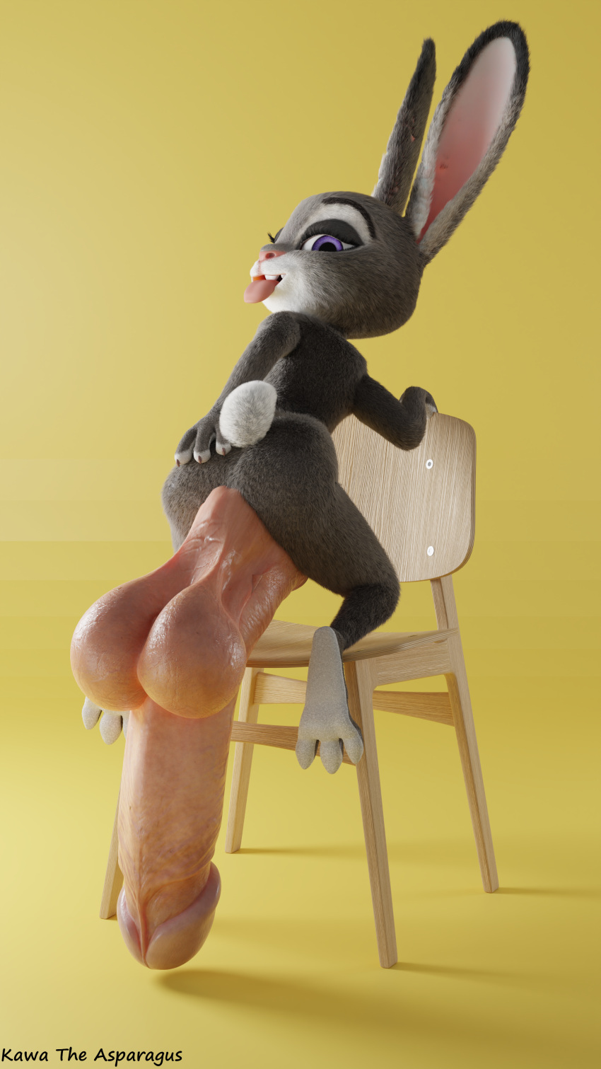 absurd_res anthro balls big_balls big_ears big_feet big_penis buckteeth chair claws crossed_legs disney feet feet_on_balls fur furniture genitals grabbing_chair grey_arms grey_back grey_body grey_fur grey_legs gynomorph hand_on_butt hi_res huge_filesize huge_penis intersex judy_hopps kawa_the_asparagus kneeling kneeling_on_chair lagomorph leporid long_ears long_penis looking_at_viewer looking_back mammal on_chair penis pink_nose pink_tongue purple_eyes rabbit simple_background small_but_hung solo teeth tongue tongue_out white_body white_fur wooden_chair yellow_background zootopia