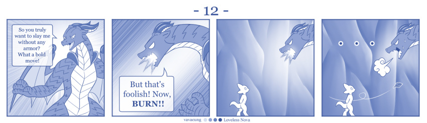 blue_and_white comic detailed_background dialogue dragon english_text female feral hi_res horn kobold larger_feral male monochrome size_difference smaller_female text vavacung wings