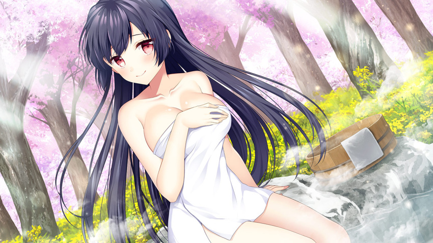 1girl artist_request artwhirl_mahou_gakuen_no_otome-tachi bangs bare_arms black_hair breasts cleavage closed_mouth collarbone dahlia_(artwhirl) day dutch_angle floating_hair game_cg large_breasts long_hair looking_at_viewer naked_towel outdoors red_eyes shiny shiny_hair shiny_skin smile solo spring_(season) straight_hair sunlight towel very_long_hair zinno