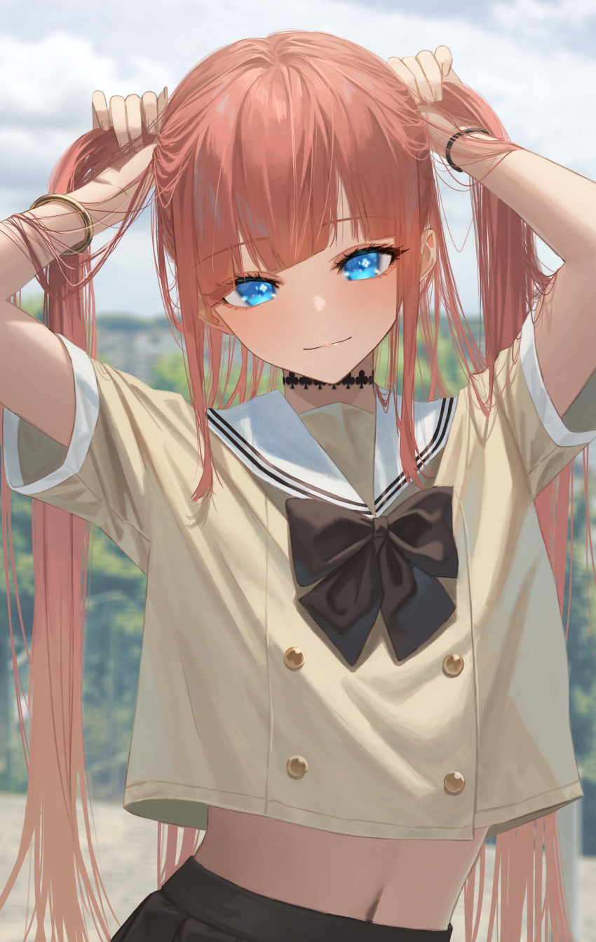 1girl absurdres arms_up bangs blue_eyes blunt_bangs blurry blurry_background bow bowtie bunching_hair choker closed_mouth cloud day depth_of_field eyebrows_visible_through_hair hara_kenshi highres light_smile long_hair looking_at_viewer midriff navel original outdoors red_hair sailor_collar school_uniform shirt short_sleeves skirt sky solo twintails upper_body very_long_hair white_shirt