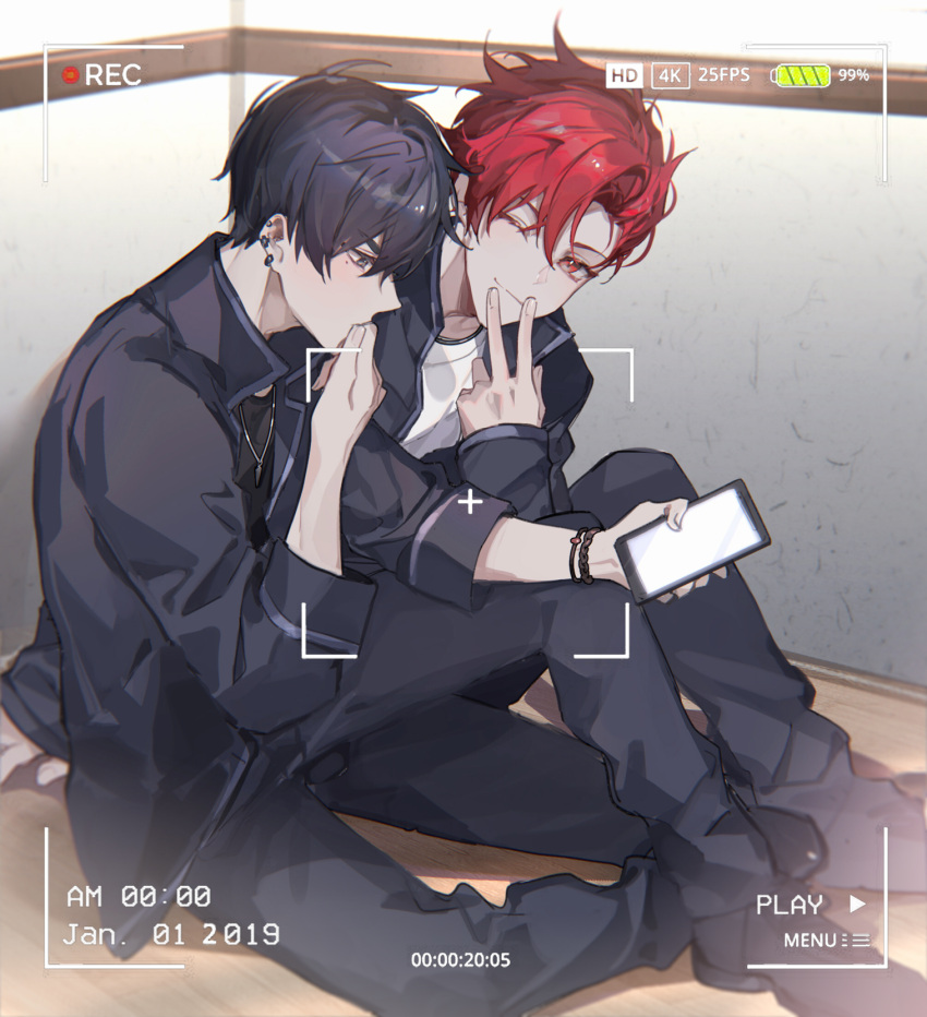 2boys bangs battery_indicator black_footwear black_hair black_jacket black_pants black_shirt bracelet buried_stars cellphone chinese_commentary closed_mouth commentary ear_piercing earrings hair_between_eyes han_do-yoon hand_to_own_mouth highres holding holding_phone indoors jacket jewelry long_sleeves looking_at_viewer male_focus mole mole_under_eye multiple_boys necklace on_floor one_eye_closed open_clothes open_jacket pants phone piercing recording red_eyes red_hair seo_hyesung shirt shoes short_hair sitting smartphone smile viewfinder white_shirt yusa_(yusa0751)