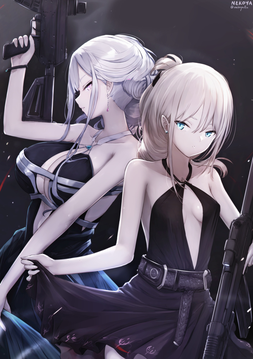 2girls absurdres ak-12 ak-12_(girls'_frontline) ak-12_(quiet_azure)_(girls'_frontline) an-94 an-94_(girls'_frontline) an-94_(silent_rouge)_(girls'_frontline) arm_up assault_rifle bangs bare_arms bare_shoulders black_dress blue_eyes breasts brown_hair cleavage collarbone commentary_request defy_(girls'_frontline) dress earrings eyebrows_behind_hair girls'_frontline gun hair_between_eyes halter_dress halterneck highres holding holding_gun holding_weapon jewelry kalashnikov_rifle large_breasts long_hair looking_at_viewer multiple_girls nekoya_(liu) object_namesake official_alternate_costume pink_eyes rifle scope signature small_breasts twitter_username weapon