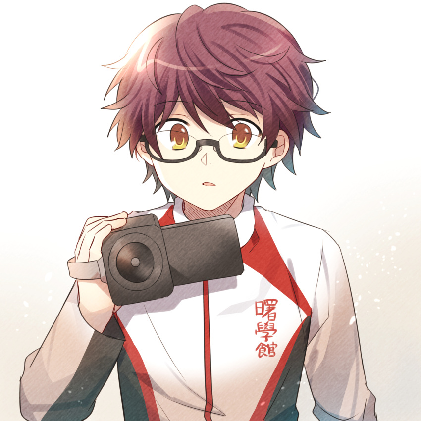 1boy brown_eyes brown_hair camera filming glasses highres holding holding_camera long_sleeves looking_at_viewer male_focus mamibakuhatu oka_eitaro re-main short_hair simple_background solo upper_body