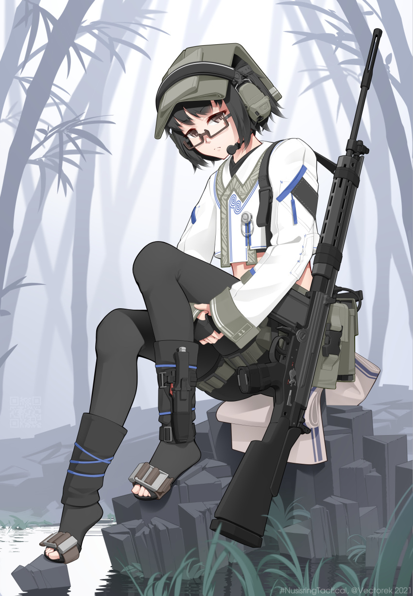 absurdres bamboo bamboo_forest battle_rifle black_footwear black_hair black_legwear brown_eyes crop_top fingerless_gloves fn_fal fog forest frown glasses gloves gun headset highres holding_leg knife_holster looking_at_viewer military nature nusisring_tactical original pantyhose rifle rock short_hair shorts sitting sling toes vectorek water weapon weeds weisheng_lyu