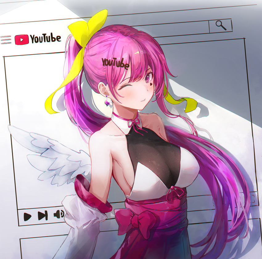 1girl angel_wings bare_shoulders bow breasts closed_mouth collarbone dana_(hapong07) detached_sleeves facial_mark feathered_wings hair_bow highres indie_virtual_youtuber large_breasts long_hair long_sleeves looking_at_viewer one_eye_closed pink_eyes pink_hair ponytail sideboob smile solo tadano_rei underbust upper_body very_long_hair wing_collar wings youtube