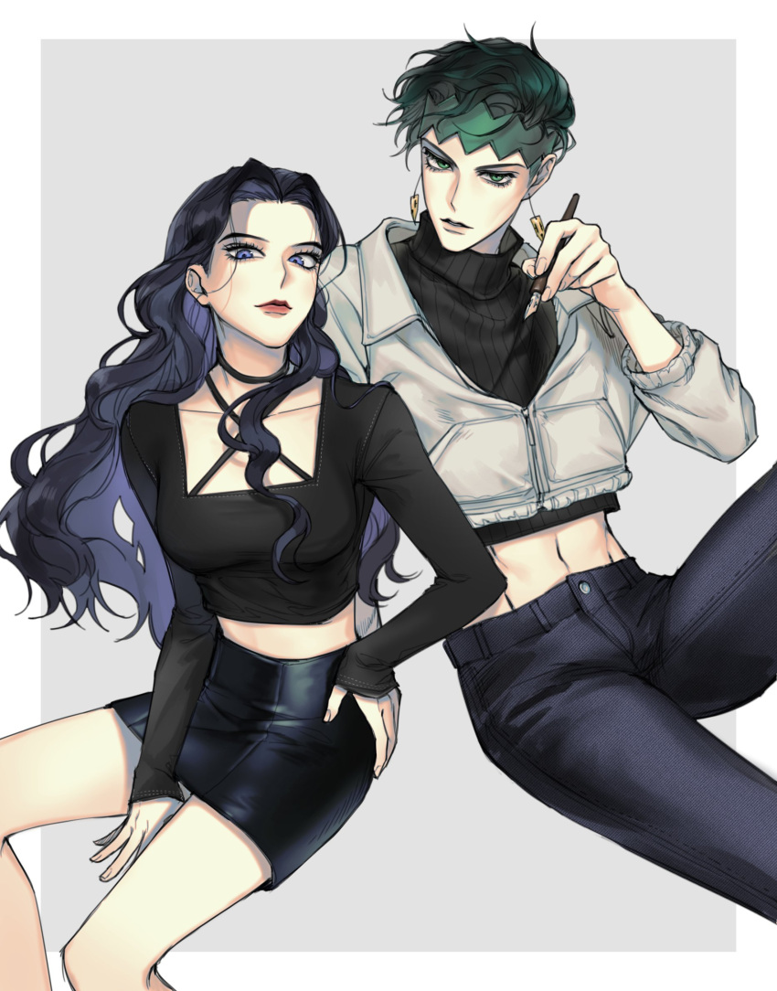 1boy 1girl alternate_costume black_hair cropped_hoodie cropped_jacket diamond_wa_kudakenai earrings green_eyes green_hair headband highres holding holding_pen hood hoodie jewelry jojo_no_kimyou_na_bouken kishibe_rohan leather_skirt long_hair midriff pen purple_eyes ranch_jjba sleeves_past_wrists wavy_hair yamagishi_yukako