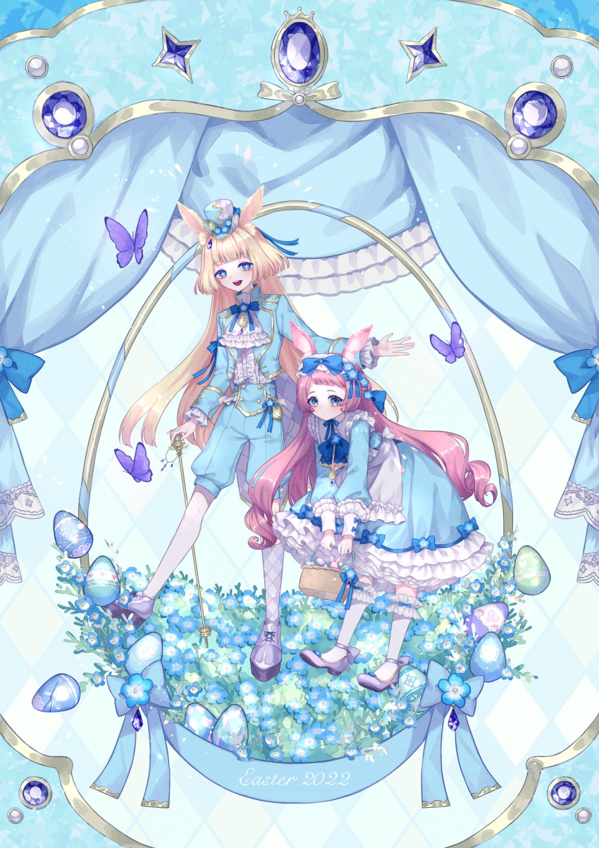 +_+ 2girls :d :o absurdres akikawa_higurashi animal_ear_fluff animal_ears apron argyle argyle_legwear ascot basket blonde_hair blue_eyes blush bow bubble_skirt bug butterfly cane clothing_request curly_hair curtains dress easter egg flower footwear_bow frilled_dress frilled_sleeves frills gem hair_bow hair_flower hair_ornament hairband hat highres holding holding_basket holding_cane kneehighs leaning_forward lolita_fashion lolita_hairband long_hair long_sleeves medium_dress mini_hat multiple_girls neck_ribbon original outstretched_arm petticoat pink_hair platform_boots pocket_watch puffy_long_sleeves puffy_sleeves rabbit_ears ribbon ribbon_trim short_bangs single_sock skirt smile socks standing standing_on_one_leg top_hat v_arms very_long_hair victorian watch