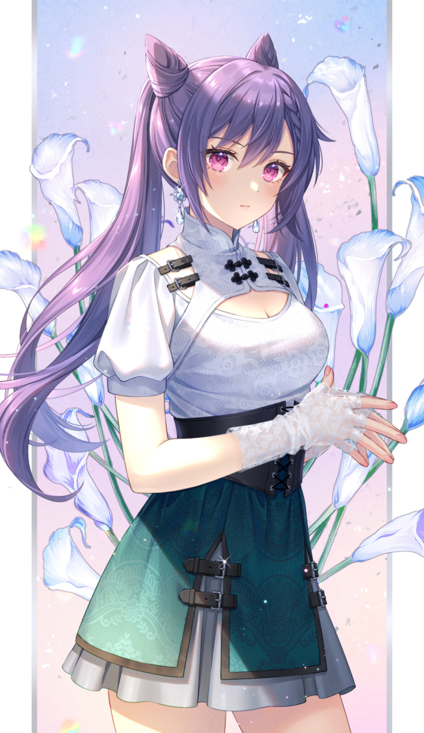 1girl akatsuki_(4941086) alternate_costume bangs breasts cleavage_cutout clothing_cutout earrings fingerless_gloves floral_print genshin_impact gloves green_skirt hair_cones hair_ornament highres jewelry keqing_(genshin_impact) long_hair looking_at_viewer own_hands_together purple_eyes purple_hair shirt skirt solo twintails white_shirt