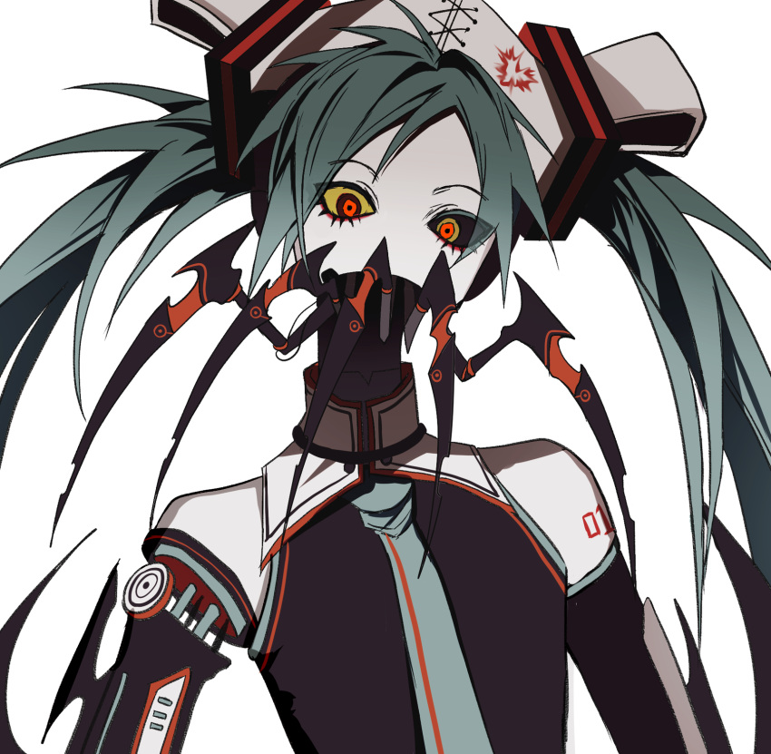 1girl android arthropod_limbs bangs bare_shoulders black_sclera blue_hair ca_(maeda_koutarou) calne_ca collared_shirt colored_sclera detached_sleeves hair_ornament hat hatsune_miku hemostatic high_collar highres horror_(theme) long_hair looking_at_viewer mandibles mechanical_arms mechanical_parts necktie no_mouth no_nose nurse_cap red_eyes saikin_osen_-_bacterial_contamination_-_(vocaloid) shirt single_mechanical_arm sleeveless sleeveless_shirt solo twintails vocaloid yellow_sclera