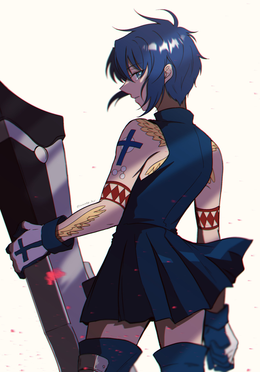 1girl arm_tattoo bangs blue_dress blue_eyes blue_footwear blue_gloves blue_hair boots ciel_(tsukihime) cowboy_shot dress eyebrows_visible_through_hair from_behind gloves hair_between_eyes highres looking_at_viewer looking_back nanase_hr parted_lips pleated_dress profile shiny shiny_hair short_dress short_hair simple_background sleeveless sleeveless_dress smile solo standing tattoo thigh_boots thighhighs tsukihime two-tone_gloves white_background white_gloves zettai_ryouiki