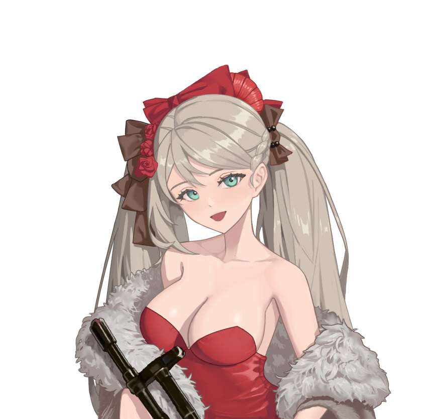 1girl a-545_(girls'_frontline) assault_rifle bangs blush breasts dress fur-trimmed_jacket fur_trim girls'_frontline green_eyes gun highres holding jacket long_hair looking_at_viewer lyuan545531 medium_breasts open_mouth red_dress revision rifle simple_background smile solo twintails upper_body weapon white_background