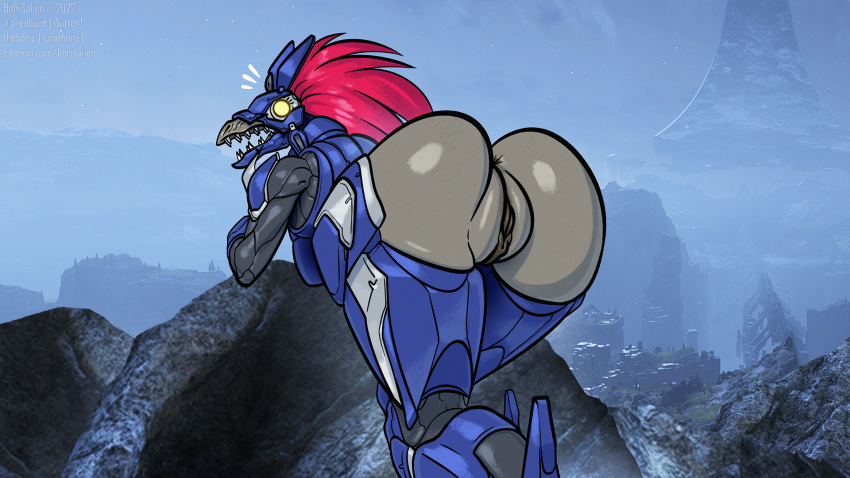 2022 alien anthro anus armor ass_up avian big_butt borisalien butt digital_media_(artwork) female genitals hair halo_(series) hi_res kig-yar looking_back microsoft presenting presenting_pussy pussy red_hair scalie solo surprised_expression video_games wide_hips xbox_game_studios