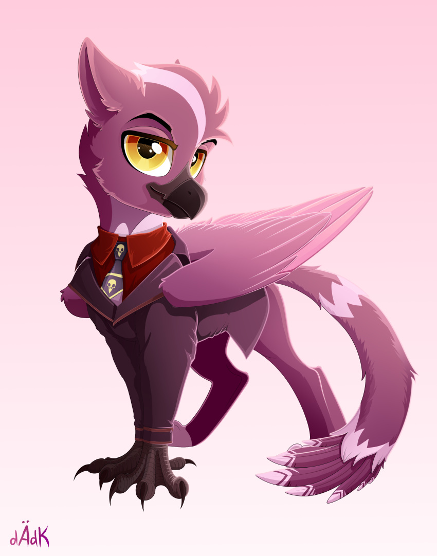absurd_res avian beak black_beak claws clothing eyebrows fan_character feathered_wings feathers feral gryphon hasbro hi_res long_tail looking_at_viewer male my_little_pony mythological_avian mythology purple_body purple_feathers rainbowfire shirt signature smile tail_feathers topwear wings yellow_eyes
