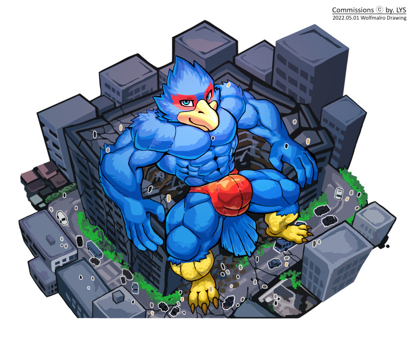 2022 anthro avian bird building bulge city clothed clothing destruction detailed_bulge falco_lombardi hi_res high-angle_view macro male muscular muscular_male nintendo sitting solo speedo star_fox swimwear topless topless_male video_games wolfmalro worship