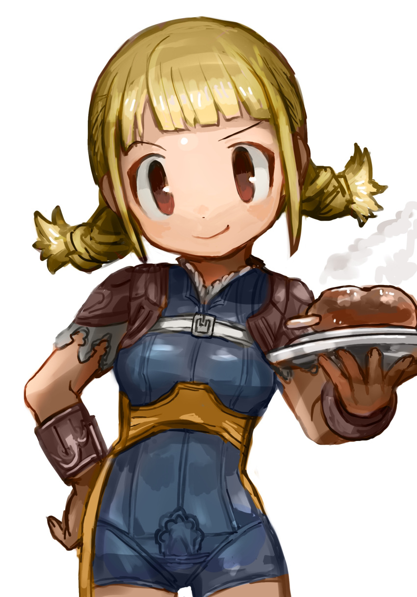 1girl armlet blonde_hair bodysuit braid breasts brown_eyes buchi0122 closed_mouth commentary final_fantasy final_fantasy_xii food highres long_hair looking_at_viewer penelo simple_background smile solo twin_braids twintails white_background