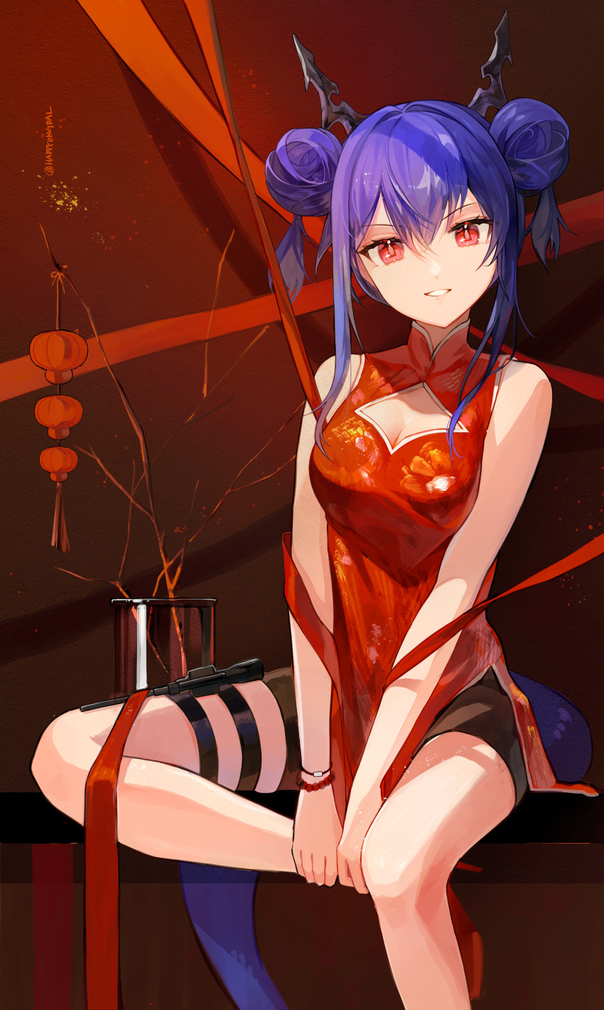 1girl absurdres arknights blue_hair bracelet ch'en_(ageless_afterglow)_(arknights) ch'en_(arknights) china_dress chinese_clothes cleavage_cutout clothing_cutout double_bun dress happyongdal high_heels highres horns jewelry red_eyes shorts_under_dress sitting