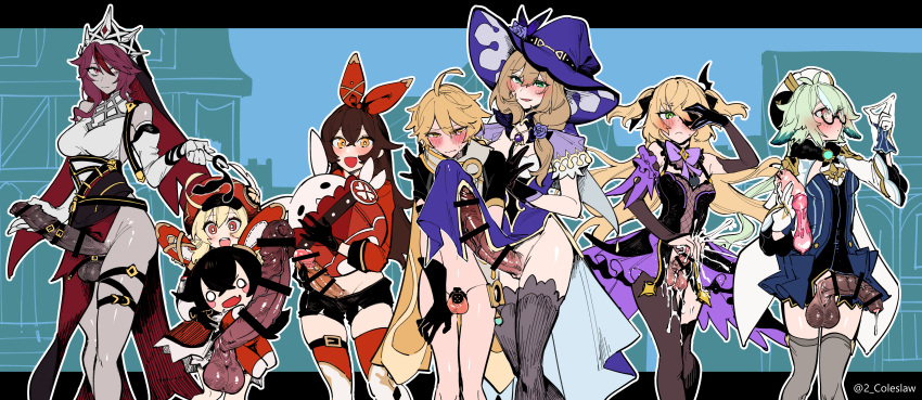 1boy 6+girls absurdres aether_(genshin_impact) ahoge amber_(genshin_impact) animal_ears artificial_vagina bar_censor baron_bunny_(genshin_impact) black_gloves black_legwear black_shorts blonde_hair blush bow bowtie brown_hair bulge censored chastity_cage closed_mouth commentary_request condom cum dark_penis dodoco_(genshin_impact) dress ejaculation elbow_gloves erection erection_under_clothes eyebrows_visible_through_hair eyepatch fischl_(genshin_impact) flower foreskin futa_with_male futanari genshin_impact gigantic_penis glasses gloves green_eyes green_hair habit hair_between_eyes hair_flower hair_ornament hat highres huge_penis klee_(genshin_impact) large_penis lisa_(genshin_impact) long_hair long_sleeves looking_at_viewer mirin_chikuwa multiple_girls multiple_penises no_testicles open_mouth pelvic_curtain penis penis_grab penis_size_difference phimosis precum red_eyes red_hair red_headwear rosaria_(genshin_impact) sex_toy short_sleeves shorts sucrose_(genshin_impact) teeth testicles thighhighs upper_teeth used_condom veins veiny_penis white_gloves wide_sleeves witch_hat yellow_eyes