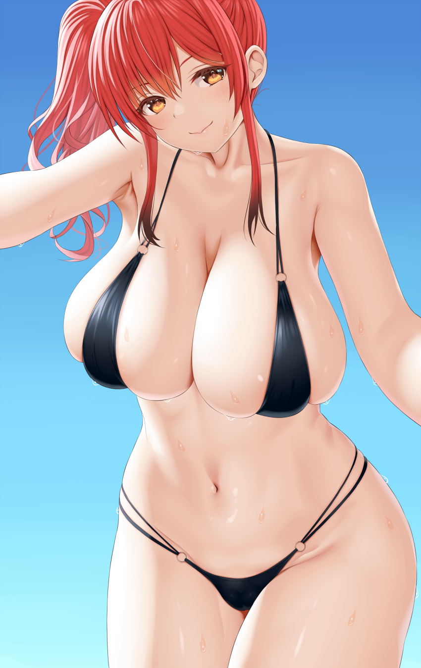 absurdres asamura_hiori azur_lane bikini black_bikini blue_sky breasts cleavage highleg highleg_bikini highres large_breasts multi-strapped_bikini multi-strapped_bikini_bottom multiple_straps navel o-ring o-ring_bikini red_hair shiny shiny_skin side_ponytail skindentation sky swimsuit zara_(azur_lane) zara_(poolside_coincidence)_(azur_lane)