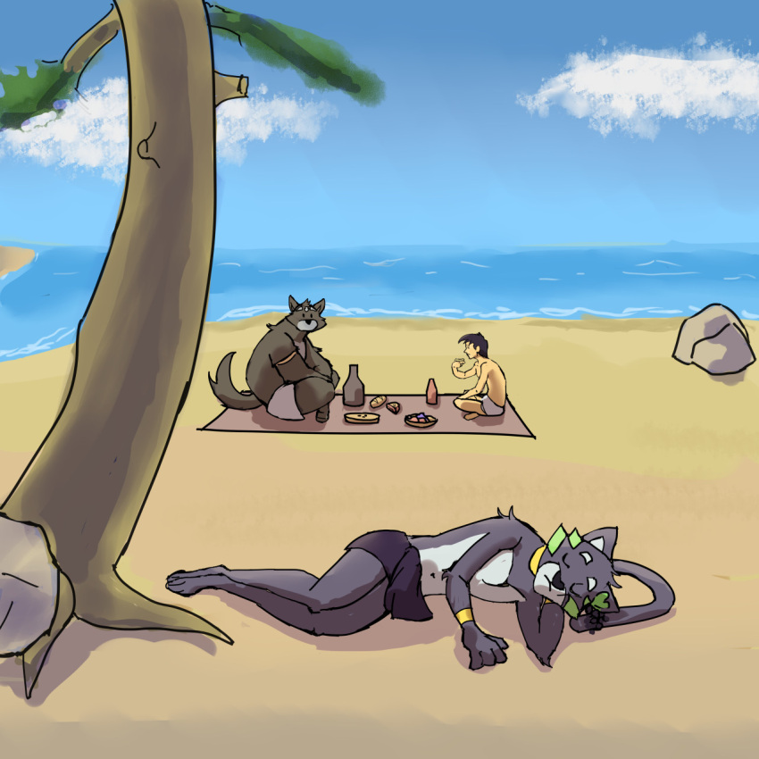 adastra adastra_(series) alcohol alexios_(adastra) amicus_(adastra) anthro beach beachside beverage blue_sky canid canine canis cloud crossed_legs domestic_cat echo_project eyeing felid feline felis food group hi_res human male male/male mammal marco_(adastra) napping picnic picnic_blanket plant seaside sitting sky sleeping sunkinie1_(artist) tree video_games visual_novel water wine wine_bottle wolf