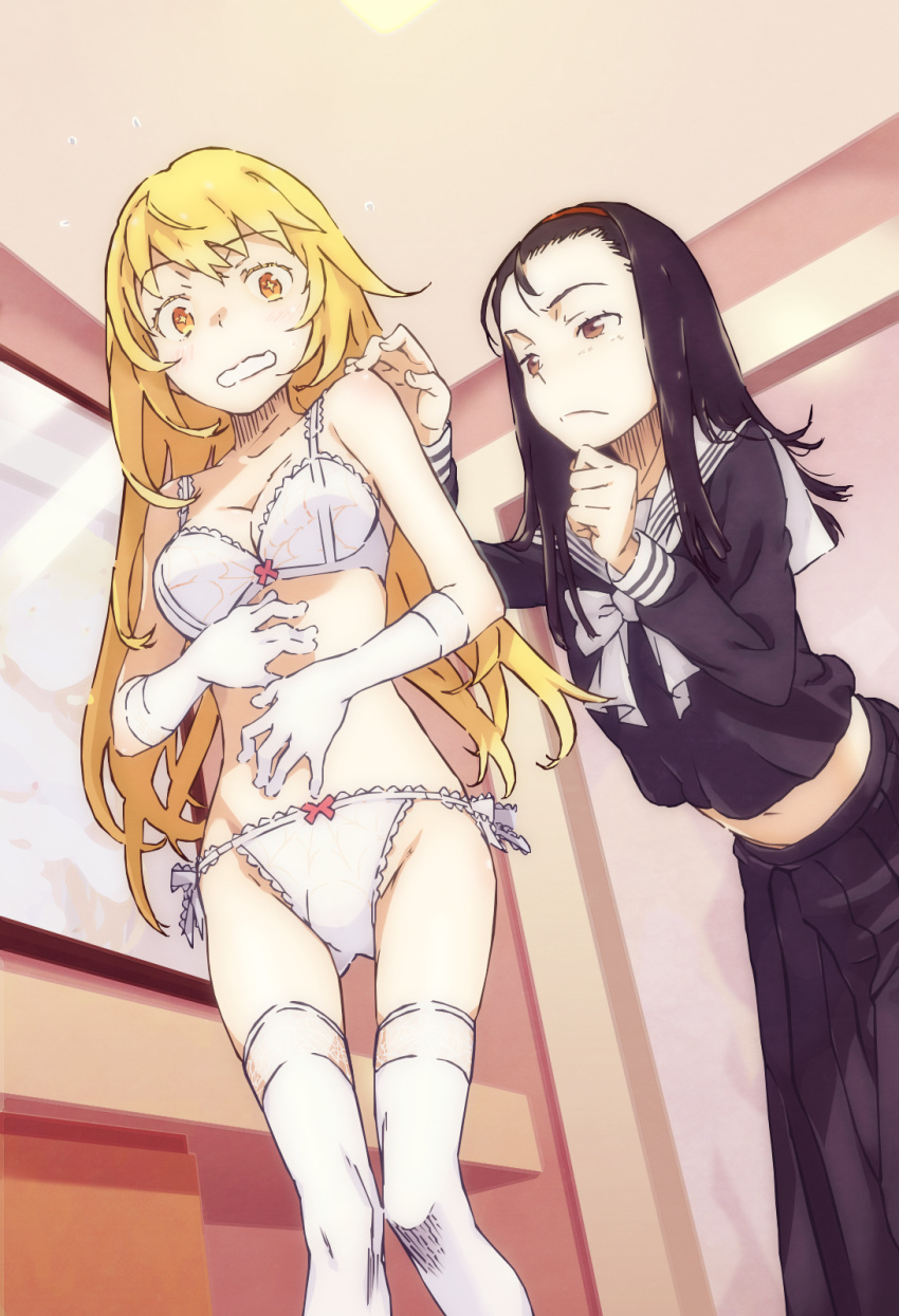 2girls black_hair black_skirt blonde_hair blush bow bra breasts bright_pupils brown_eyes cleavage closed_mouth colorized commentary elbow_gloves eyebrows_visible_through_hair feet_out_of_frame from_below gazing_eye gloves haimura_kiyotaka hands_up highres indoors kumokawa_seria leaning_forward light_blush long_hair long_skirt long_sleeves looking_at_viewer looking_down medium_breasts midriff mirror multiple_girls navel orange_eyes panties pleated_skirt school_uniform shokuhou_misaki skirt sparkle sparkling_eyes spoilers standing stomach symbol-shaped_pupils teeth thighhighs thighs toaru_majutsu_no_index toaru_majutsu_no_index:_new_testament underwear white_bow white_bra white_gloves white_legwear white_panties yellow_pupils