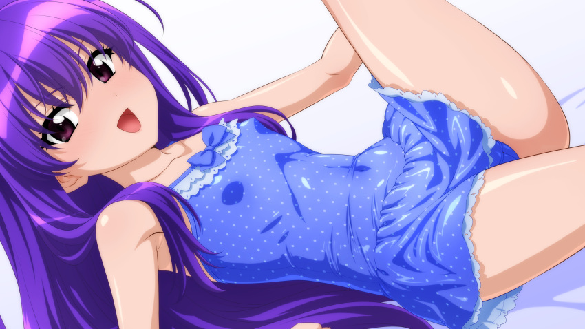 1girl absurdres blue_swimsuit casual_one-piece_swimsuit collarbone flat_chest highres long_hair looking_at_viewer lying one-piece_swimsuit original polka_dot polka_dot_swimsuit purple_eyes purple_hair smile solo sugimura_tomokazu swimsuit swimsuit_skirt