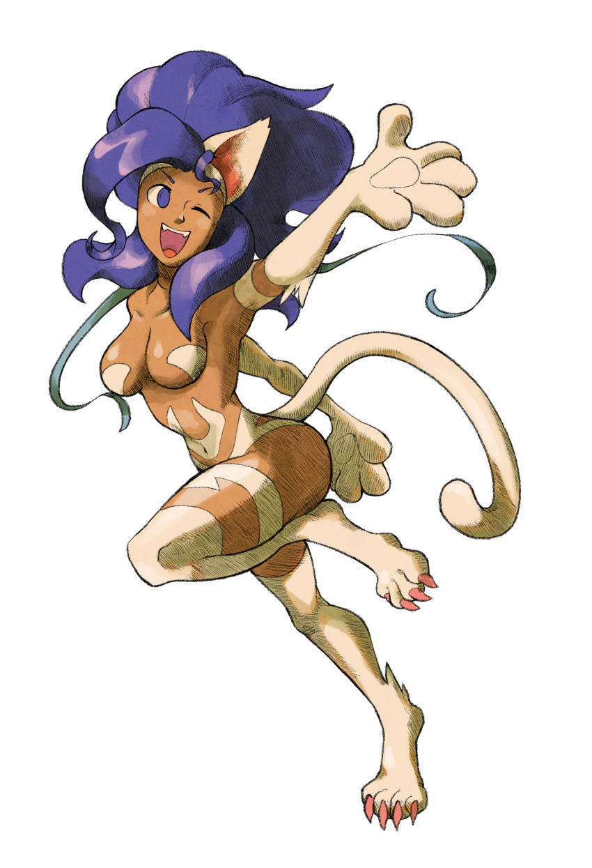 5_fingers absurd_res animal_humanoid blue_eyes blue_hair capcom cat_humanoid claws cynicallysly darkstalkers felicia_(darkstalkers) felid felid_humanoid feline feline_humanoid female female_humanoid fingers fur hair hi_res humanoid mammal mammal_humanoid mostly_nude mostly_nude_female mostly_nude_humanoid navel on_one_leg one_eye_closed open_mouth outstretched_arm paws side_view simple_background solo standing teeth tongue video_games white_background white_body white_ears white_fur white_tail wink