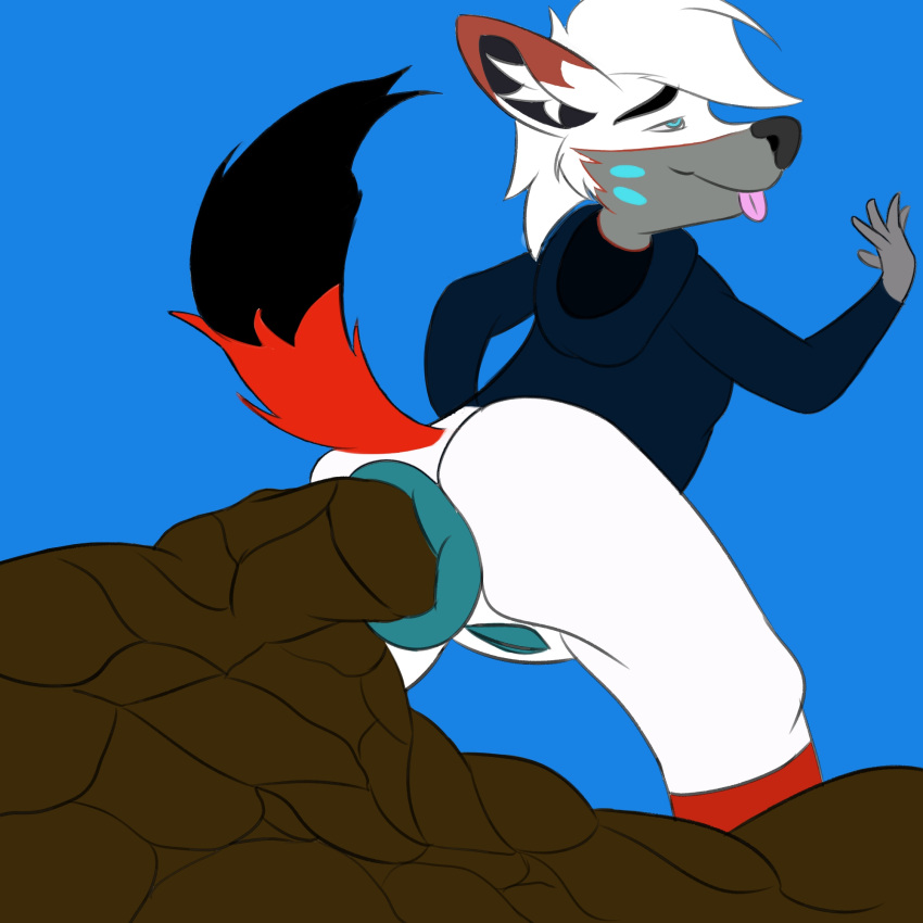 anonymous_artist anthro anus azzre bent_over blue_anus blue_pussy canid canine clothing excessive_feces feces female fox fur genitals hi_res hoodie hyper hyper_anus hyper_feces mammal narrowed_eyes pussy raised_hand raised_tail scat tongue tongue_out topwear white_body white_fur