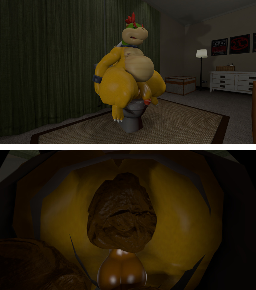 3d_(artwork) absurd_res anthro anus backsack balls bed bedroom big_butt bowser_jr. bracelet butt butt_focus carpet collar constipated digital_media_(artwork) dragon feces furniture genitals hand_on_butt hi_res huge_butt jewelry koopa looking_at_viewer looking_back looking_pleasured male mario_bros metal_collar nintendo nude penis pooping presenting presenting_hindquarters rear_view reptile royalty scalie scat sitting sitting_on_toilet solo solo_focus source_filmmaker tecbuttlovefa thick_thighs toilet toilet_pov toilet_use turds turtle video_games wide_hips