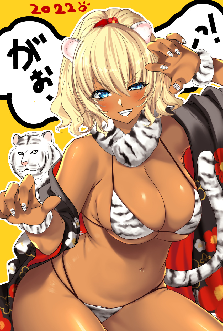 1girl 2022 absurdres animal_print ayakichi bikini blonde_hair blue_eyes breasts chinese_zodiac dark-skinned_female dark_skin fingernails gyaru highres large_breasts looking_at_viewer nail_polish navel original print_bikini smile solo swimsuit tiger tiger_print white_tiger year_of_the_tiger