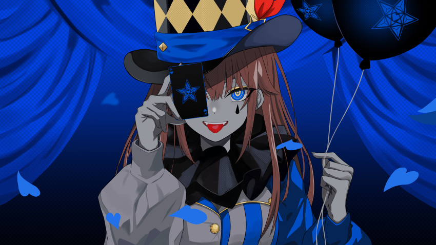 1girl absurdres asymmetrical_sleeves balloon bangs blue_curtain blue_eyes blue_theme brown_hair card clown colored_skin commentary_request confetti curtains envy_baby_(vocaloid) grey_skin hat hat_ornament highres holding holding_balloon holding_card hololive long_hair long_sleeves looking_at_viewer mismatched_sleeves neck_ruff official_art puffy_long_sleeves puffy_sleeves shirokumo_46 solo stage stage_curtains star_(symbol) star_hat_ornament teardrop_facial_mark teeth tokino_sora tongue tongue_out top_hat