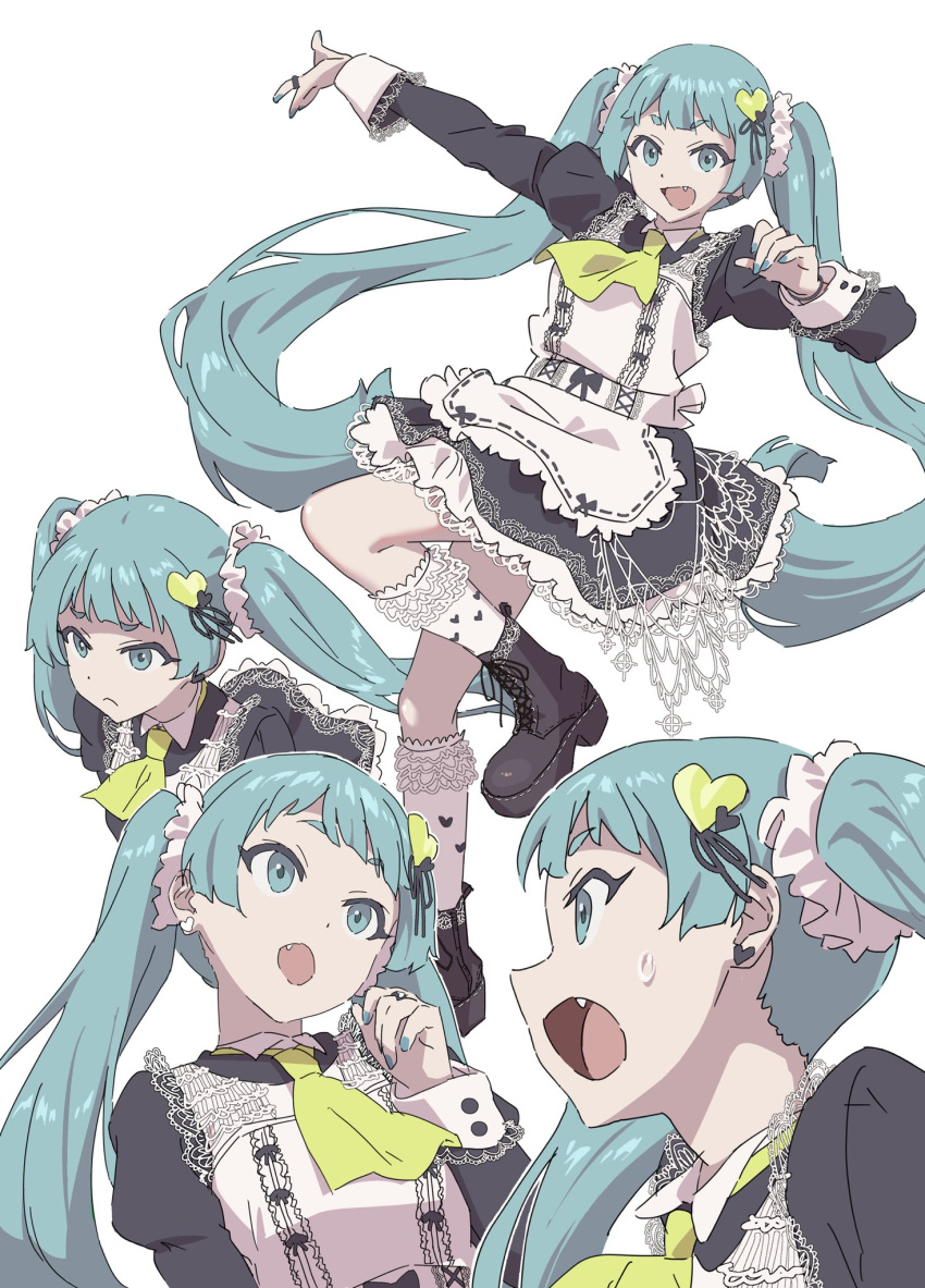 1girl aqua_eyes aqua_hair arm_up black_bow blue_nails bow bracelet closed_mouth earrings eyebrows_visible_through_hair fang fingernails frown grey_beak hair_ornament hatsune_miku heart heart_earrings heart_hair_ornament heart_print highres jewelry long_hair mosh_mallow multiple_views neckerchief open_mouth pinky_ring puffy_sleeves ring simple_background sweat tongue twintails vocaloid yellow_neckerchief