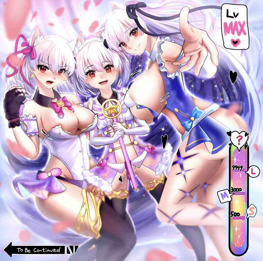 3girls animal_ears areolae ass bangs blush bow bowtie breasts cat_ears commentary_request eyebrows_visible_through_hair eyes_visible_through_hair fate/grand_order fate_(series) gloves hair_ribbon highres huge_breasts kama_(fate) large_breasts long_hair looking_at_viewer magical_girl multiple_girls nepodayo open_mouth red_eyes ribbon short_hair sideboob small_breasts thighs wand white_hair