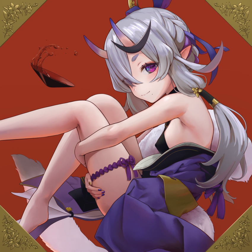 1girl armpits bangs bare_shoulders barefoot braid breasts cup from_side gold_nails hair_over_one_eye hair_ribbon hair_tubes highres horns hugging_own_legs japanese_clothes kimono looking_at_viewer low_twintails mole mole_under_mouth multicolored_hair nail_polish nijisanji oni oni_horns potato_iida purple_eyes purple_hair purple_kimono purple_nails ribbon rindou_mikoto sakazuki sideboob silver_hair sitting small_breasts smile solo streaked_hair thick_eyebrows thigh_strap thighs twintails two-tone_hair