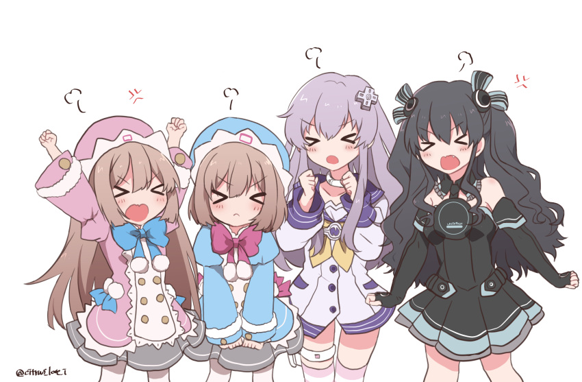 &gt;_&lt; 4girls angry bare_shoulders black_hair blush bow brown_hair closed_eyes commentary_request cowboy_shot d-pad d-pad_hair_ornament dress elbow_gloves fingerless_gloves gloves hair_between_eyes hair_ornament hair_ribbon haruna_(citrus_love_i) hat highres long_hair long_sleeves multiple_girls nepgear neptune_(series) open_mouth purple_hair ram_(neptune_series) ribbon rom_(neptune_series) short_hair siblings simple_background sisters striped striped_legwear thighhighs twins twitter_username uni_(neptune_series) white_background