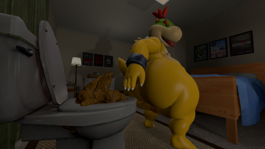 3d_(artwork) anthro anus backsack balls bed bedroom big_butt bowser_jr. bracelet butt butt_focus carpet collar digital_media_(artwork) dragon feces furniture genitals hand_on_butt hi_res huge_butt jewelry koopa looking_at_viewer looking_back looking_pleasured male mario_bros metal_collar nintendo nude penis pooping presenting presenting_hindquarters rear_view relieved reptile royalty scalie scat solo solo_focus source_filmmaker tecbuttlovefa thick_thighs toilet toilet_use turds turtle video_games wide_hips