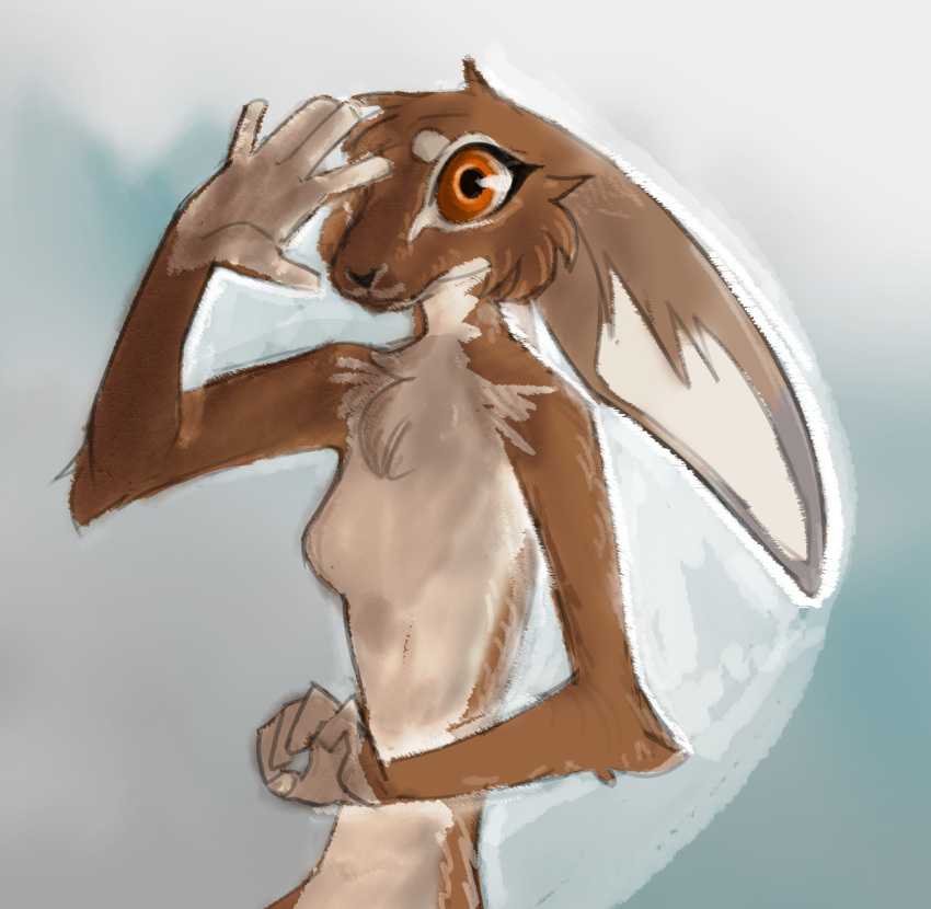 2022 5_fingers anthro biped breasts featureless_breasts ferima fingers hi_res lagomorph leporid mammal multicolored_body nude orange_eyes rabbit simple_background solo