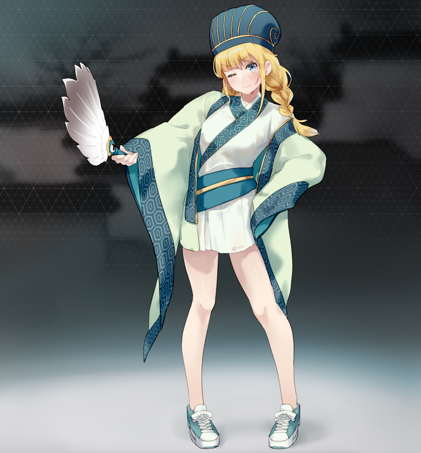 1girl blonde_hair blue_eyes borrowed_garments braid chinese_clothes cosplay fairyfloss feather_fan full_body hat highres kong_ming_hat long_hair one_eye_closed paripi_koumei robe shoes sneakers solo tsukimi_eiko twin_braids zhuge_kongming_(paripi_koumei) zhuge_kongming_(paripi_koumei)_(cosplay)