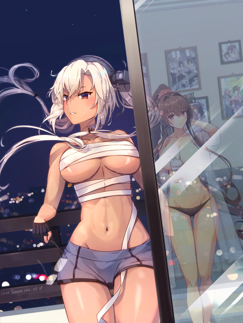 2girls balcony black_panties breasts brown_eyes brown_hair cherry_blossoms chest_sarashi dark-skinned_female dark_skin flower food glass_door glasses gloves grey_skirt hair_between_eyes hair_flower hair_ornament highres himeyamato ice_cream kantai_collection large_breasts long_hair looking_at_viewer multiple_girls musashi_(kancolle) musashi_kai_ni_(kancolle) navel panties photo_(object) pointy_hair ponytail railing red_eyes reflection sarashi skirt sliding_doors smile twintails underwear very_long_hair white_hair yamato_(kancolle)