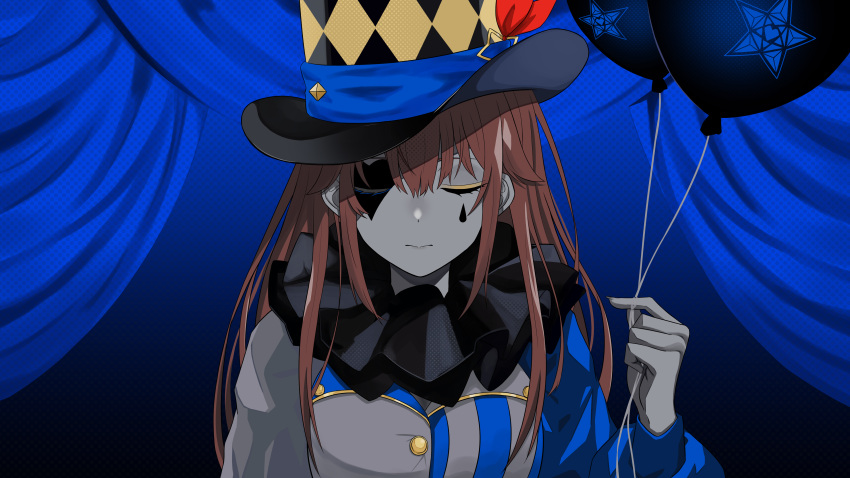 1girl absurdres asymmetrical_sleeves balloon bangs blue_curtain blue_theme brown_hair closed_eyes clown colored_skin commentary_request curtains envy_baby_(vocaloid) facing_viewer grey_skin hat hat_ornament highres holding holding_balloon hololive long_hair long_sleeves mismatched_sleeves neck_ruff official_art puffy_long_sleeves puffy_sleeves shirokumo_46 solo stage stage_curtains star_(symbol) star_hat_ornament teardrop_facial_mark tokino_sora top_hat