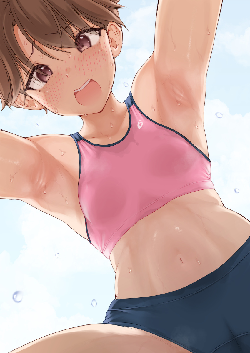 1girl absurdres all_fours armpits blush breasts brown_eyes brown_hair buruma dripping eyebrows_visible_through_hair from_below highres looking_at_viewer looking_down navel open_mouth original outstretched_arms sak1023 school_uniform short_hair sky small_breasts sports_bikini spread_arms stomach sweat sweaty_clothes track_and_field