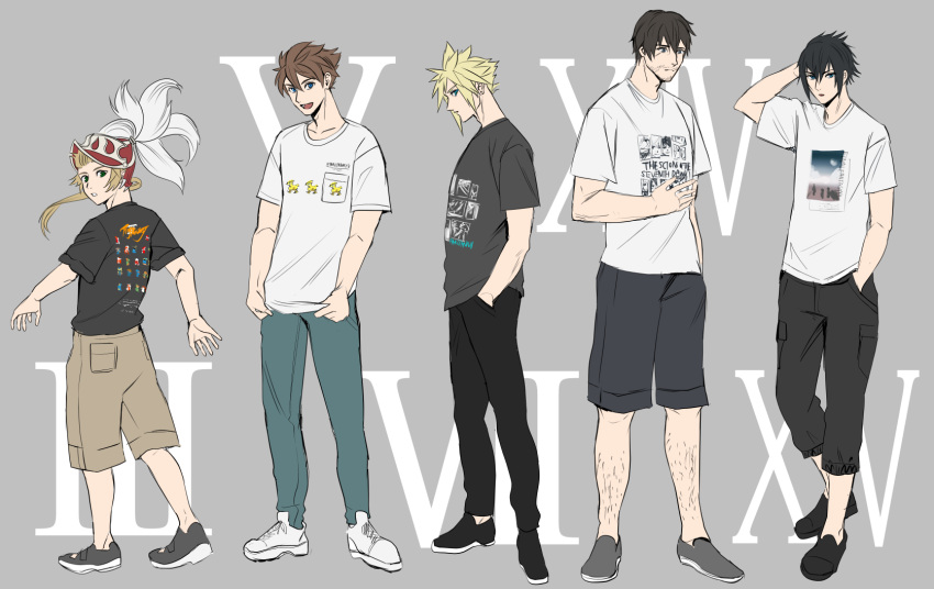 5boys adventurer_(ff14) black_hair blonde_hair blue_eyes brown_hair butz_klauser cloud_strife denim fashion final_fantasy final_fantasy_iii final_fantasy_v final_fantasy_vii final_fantasy_xiv final_fantasy_xv highres jeans jjn_ff7 looking_at_viewer multiple_boys noctis_lucis_caelum onion_knight open_mouth pants shirt shoes shorts smile sneakers spiked_hair standing