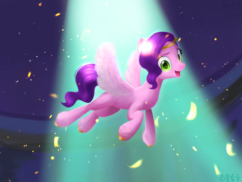 crown equid equine feathered_wings feathers female feral flower_petals flying green_eyes hair hasbro hi_res hooves looking_at_viewer mammal mlp_g5 my_little_pony open_mouth pegasus petals pink_body pipp_petals_(mlp) purple_hair purple_tail rily_(artist) smile solo wings