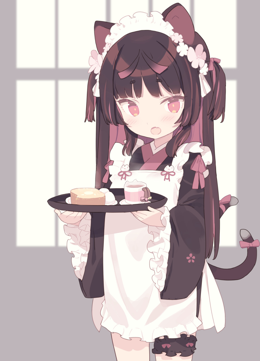 1girl :o animal_ears apron black_hair black_kimono blade_(galaxist) blush bow bread cat_ears cat_girl cat_tail commentary_request cup egg fang flower food frilled_apron frilled_sleeves frills hair_flower hair_ornament highres holding holding_tray japanese_clothes kimono long_hair long_sleeves looking_at_viewer maid_apron maid_headdress mug multicolored_hair multiple_tails nekoyama_nae open_mouth pink_flower pink_hair red_eyes saucer solo standing tail tail_bow tail_ornament toranoana tray two-tone_hair two_side_up two_tails very_long_hair virtual_youtuber white_apron white_flower wide_sleeves window