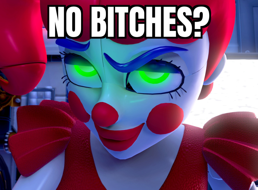 3d_(artwork) animatronic blue_eyebrows circus_baby_(fnaf) clothed clothing clown clown_nose digital_media_(artwork) eyebrows female five_nights_at_freddy's glowing glowing_eyes green_eyes hair hi_res humanoid impact_(font) lewdwithlogan lips looking_at_viewer machine meme no_bitches? not_furry raised_eyebrow red_cheeks red_clothing red_hair red_lips robot scottgames sister_location smile smug solo solo_focus source_filmmaker text thick_lips video_games white_body