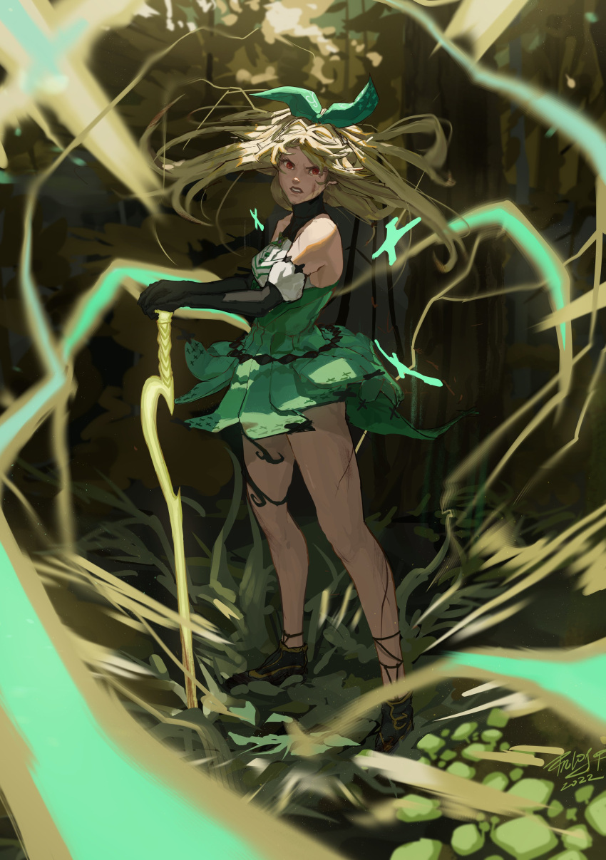 1girl 2022 absurdres angry bare_shoulders black_footwear black_gloves blonde_hair blood blood_on_face bow clenched_teeth cuts elbow_gloves floating_hair forest full_body gloves green_bow green_ribbon green_skirt hair_bow hair_ribbon halterneck hands_on_hilt high-waist_skirt highres injury long_hair looking_at_viewer nature nijisanji nijisanji_en outdoors planted planted_sword pointy_ears pomu_rainpuff protojops red_eyes ribbon shoes signature skirt solo standing sword teeth weapon