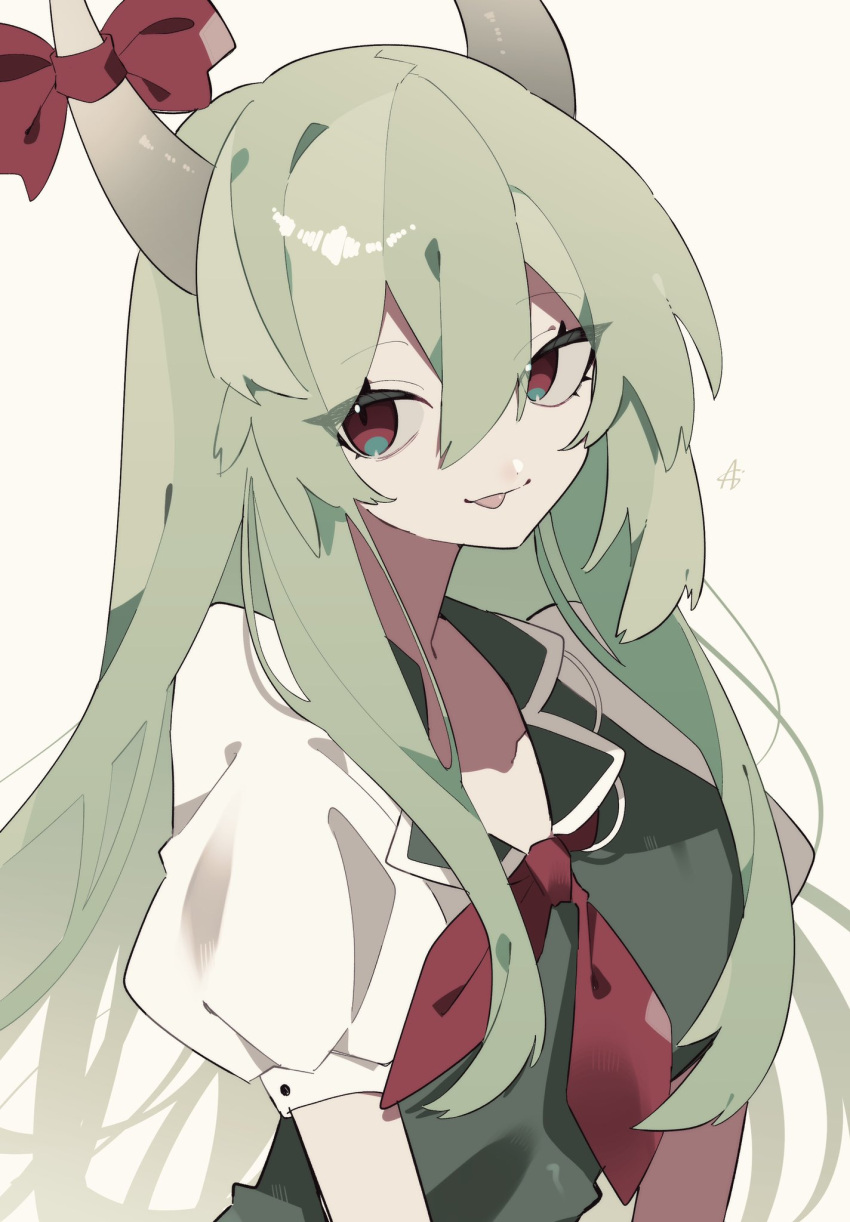 1girl bangs bow commentary dress ex-keine green_dress green_hair hair_between_eyes highres horn_ornament horn_ribbon horns kamishirasawa_keine long_hair looking_at_viewer neck_ribbon open_mouth puffy_short_sleeves puffy_sleeves red_bow red_eyes red_ribbon ribbon shirt short_sleeves sidelocks solo touhou white_shirt xx_asui